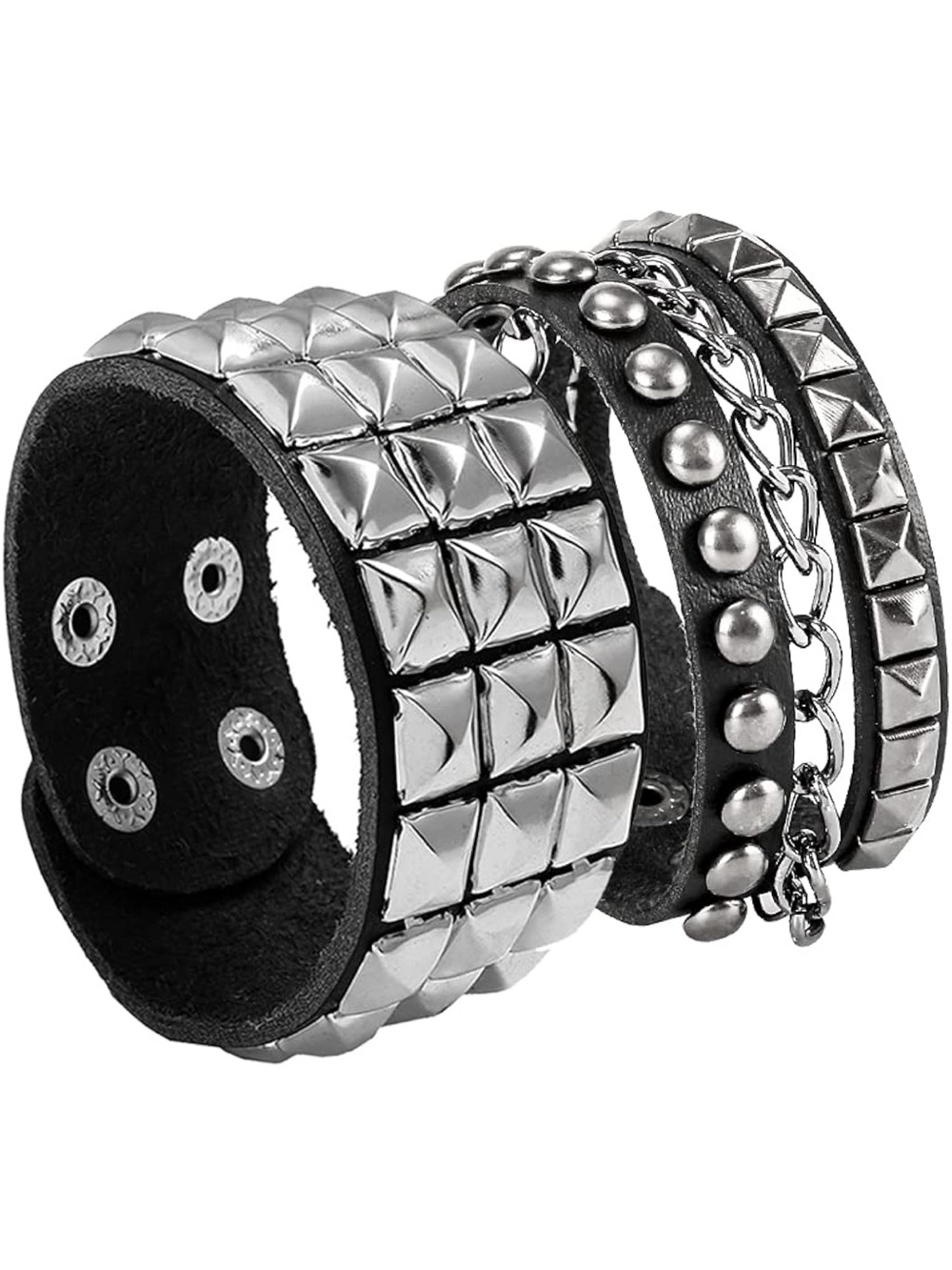 Punk Bracelet for Men Women, Goth Leather Wristband with Metal Studded 2 pc
